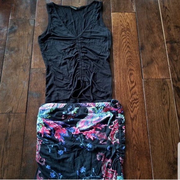 LASCANA for VENUS Two Piece Ruched with Ties Black Top and Floral Skirt - Picture 2 of 14